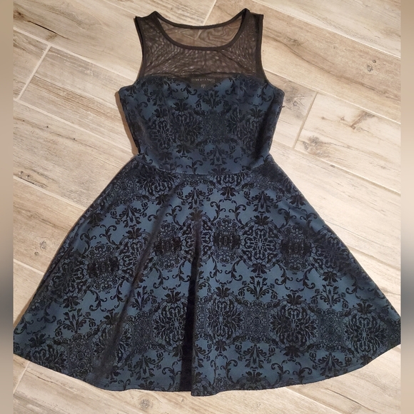 Three Pink Hearts Dress Juniors Small Hunter Green Black Velvet Damask Party - Picture 1 of 4